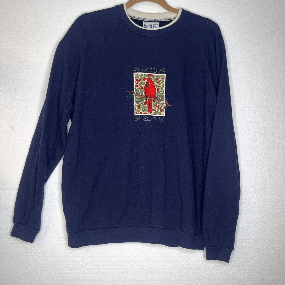 Endless Designs 90s Blue Embroidered Cardinal Crewneck Sweater size large